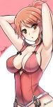  1girl :o alternate_costume aquila_(kantai_collection) armpits arms_behind_head arms_up artist_name bare_shoulders blush breasts brown_eyes brown_hair character_name cleavage covered_navel cowboy_shot eyebrows_visible_through_hair groin hair_ornament hairclip highres kantai_collection medium_breasts open_mouth out-of-frame_censoring ponytail sleeveless solo the-sinner two-tone_background upper_body 
