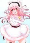  1girl aki_sakura alternate_hairstyle blush breasts capelet earmuffs fur_trim heart heart_hands highres large_breasts long_hair long_sleeves looking_at_viewer nitroplus open_mouth pink_hair red_eyes smile solo super_sonico thigh-highs twintails 