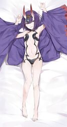  1girl :d absurdres armpits arms_up bangs bare_legs bare_shoulders barefoot bed_sheet blush breasts collarbone dakimakura eyebrows_visible_through_hair eyeshadow fangs fate/grand_order fate_(series) from_above full_body headpiece highres horns long_sleeves looking_at_viewer looking_up lying makeup navel on_back oni open_mouth purple_hair revealing_clothes short_hair shuten_douji_(fate/grand_order) sideboob silver_(chenwen) small_breasts smile stomach teeth wide_sleeves 