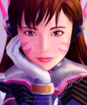  1girl artist_name bangs bodysuit chin_rest close-up d.va_(overwatch) eyebrows eyelashes face facepaint facial_mark gloves headphones high_collar light_smile lips long_hair looking_at_viewer luffie nose overwatch pilot_suit portrait ribbed_bodysuit shoulder_pads signature solo staring swept_bangs watermark web_address whisker_markings white_gloves 