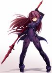  1girl bodysuit breasts covered_navel fate/grand_order fate_(series) gae_bolg highres karukan_(monjya) large_breasts long_hair looking_at_viewer navel pauldrons polearm purple_bodysuit purple_hair red_eyes scathach_(fate/grand_order) smile solo spear very_long_hair weapon 