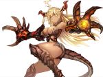  1girl blonde_hair breasts claws dark_skin highres horns medium_breasts original pointy_ears simple_background solo suoni_(deeperocean) tail thick_thighs thighs yellow_eyes 