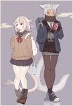  1girl 2girls animal_ears aqua_eyes backpack bag blazer blush braid cardigan cat_ears cat_tail dark_skin earrings final_fantasy final_fantasy_xiv french_braid grey_hair hood hoodie jacket jewelry long_hair miqo&#039;te multiple_girls pantyhose pleated_skirt scarf school_uniform serafuku short_hair skirt tail violet_eyes wagashi_(goma_dango) 