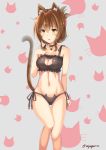  1girl animal_ears animal_print arm_behind_back bangs bell bell_choker black_panties blush breasts brown_hair cat_ear_panties cat_ears cat_girl cat_lingerie cat_print cat_tail choker cleavage cleavage_cutout collarbone eyebrows_visible_through_hair folded_ponytail grey_background hair_between_eyes hand_on_own_chest hand_up highres hips inazuma_(kantai_collection) jingle_bell kantai_collection kemonomimi_mode knee_up kono_(uiyoyo199) medium_breasts navel panties parted_lips side-tie_panties solo stomach tail thighs twitter_username underwear underwear_only yellow_eyes 