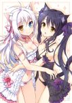  2girls :o animal_ears antenna_hair asymmetrical_docking babydoll bell bell_choker black_hair black_panties black_vs_white blue_eyes blush bow bow_panties breast_press breasts cat_ears cat_tail choker cleavage female heterochromia hug jingle_bell long_hair looking_at_viewer mauve medium_breasts multiple_girls multiple_tails navel open_mouth original panties smile strap_slip symmetrical_docking symmetry tail twintails underwear white_hair white_panties yellow_eyes yuri 