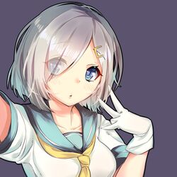  1girl 33_(mkiiiiii) blue_eyes collarbone eyebrows_visible_through_hair eyes_visible_through_hair gloves grey_background hair_ornament hair_over_one_eye hamakaze_(kantai_collection) kantai_collection long_hair looking_at_viewer school_uniform serafuku shirt silver_hair simple_background solo upper_body white_gloves white_shirt 