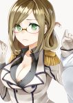  1boy 1girl admiral_(kantai_collection) blonde_hair breasts cleavage collarbone collared_shirt epaulettes eyebrows_visible_through_hair folded_ponytail frown glasses gloves green_eyes grey_shirt hands_up holding_arm kantai_collection katori_(kantai_collection) large_breasts long_sleeves out_of_frame semi-rimless_glasses shirt simple_background solo_focus unbuttoned unbuttoned_shirt upper_body white_background white_gloves yuna_(yukiyuna) 