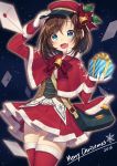  1girl 2016 :d arm_up bangs bell blue_background blue_eyes blush brown_hair capelet cowboy_shot dress envelope eyebrows_visible_through_hair fang fur-trimmed_legwear fur-trimmed_skirt fur-trimmed_sleeves fur_trim gift gloves hair_between_eyes hand_on_headwear hat highres holding holding_gift looking_at_viewer mail mailman merry_christmas open_mouth original pleated_skirt red_dress red_ribbon ribbon santa_claus skirt smile snow snowflakes solo thigh-highs warabimochi_kinako white_gloves zettai_ryouiki 
