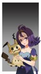  1girl :p acerola_(pokemon) antenna_hair armlet collarbone dress eyelashes gradient gradient_background hair_ornament hairclip head_tilt highres holding looking_at_viewer mimikyu_(pokemon) pokemon pokemon_(creature) pokemon_(game) pokemon_sm purple_dress purple_hair ram_(ramlabo) shadow short_hair short_sleeves smile stitches tongue tongue_out trial_captain upper_body violet_eyes 