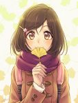  1girl artist_name backpack bag bangs blush brown_eyes brown_hair coat commentary covering_mouth dated enpera eyebrows_visible_through_hair ginkgo hair_between_eyes hair_ornament hairpin highres holding_leaf leaf_print original scarf signature smile solo upper_body wedo 