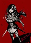  1girl character_request dress female kudou_(wil0830s) monochrome pixiv_id_787857 red_background solo solo_focus spot_color sword weapon 