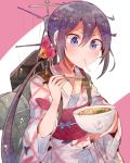  1girl akebono_(kantai_collection) anchor_symbol bell bowl chopsticks eating flower food hair_bell hair_flower hair_ornament itomugi-kun japanese_clothes jingle_bell kantai_collection kimono long_hair machinery noodles obi pink_yukata purple_hair sash side_ponytail smokestack udon very_long_hair violet_eyes yukata 