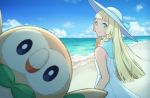  1girl beach bird blonde_hair blurry braid clouds day depth_of_field dress green_eyes hat lillie_(pokemon) long_hair looking_back ocean outdoors owl photobomb pokemon pokemon_(creature) pokemon_(game) pokemon_sm rowlet saino_(sainoomisaki) shore sky sleeveless sleeveless_dress smile sun_hat twin_braids white_dress 