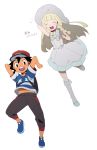  black_hair blonde_hair brown_eyes dress hat highres lillie_(pokemon) pokemon pokemon_(anime) pokemon_(game) pokemon_sm pokemon_sm_(anime) satoshi_(pokemon) shirt striped striped_shirt white_dress white_hat 