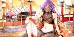  1girl alternate_costume arabian_clothes bangs bare_shoulders bracelet breasts brown_hair cleavage closed_mouth dancer gradient_hair harem_outfit hijiri_byakuren indoors jewelry kikuichi_monji knee_up large_breasts long_hair looking_at_viewer midriff multicolored_hair navel orange_eyes purple_hair sarong see-through sidelocks sitting smile solo stomach touhou under_boob veil very_long_hair 