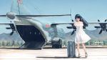  1girl aircraft airplane arm_behind_back bare_shoulders black_hair blue_sky closed_eyes day dress hallelujah_zeng hand_in_hair highres long_hair military military_vehicle mountain original outdoors people&#039;s_liberation_army_air_force rolling_suitcase sandals shaanxi_y-9 sky smile solo sundress white_dress wind 