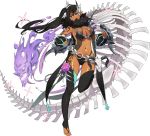  1girl anywhere_dungeon barefoot black_legwear covered_mouth dark_skin floating_hair full_body green_eyes leg_up long_hair looking_at_viewer navel ponytail ronnie_(anywhere_dungeon) simple_background skeleton skull solo tattoo thigh-highs toeless_legwear toenail_polish toes weapon white_background 