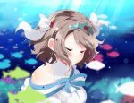  1girl air_bubble bare_shoulders blurry bow breasts brown_hair bubble closed_eyes commentary_request depth_of_field earrings fish floating_hair jewelry love_live! love_live!_sunshine!! short_hair solo sunlight totoki86 underwater watanabe_you 