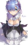  1girl blue_eyes blue_hair breasts cleavage detached_sleeves dress female hair_ornament hair_over_one_eye hair_ribbon headdress highres large_breasts looking_at_viewer maid matching_hair/eyes pachi_(sugiyama0306) re:zero_kara_hajimeru_isekai_seikatsu rem_(re:zero) ribbon short_hair simple_background solo white_background white_legwear x_hair_ornament 