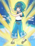  1girl :o baggy_pants bare_arms black_pants blue_eyes blue_hair blue_swimsuit bright_pupils capri_pants chiimako crop_top full_body hairband matching_hair/eyes one-piece_swimsuit open_mouth pants pokemon pokemon_(game) pokemon_sm sailor_collar sandals shirt short_hair sleeveless sleeveless_shirt solo standing suiren_(pokemon) swimsuit swimsuit_under_clothes trial_captain z-move 