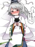  1girl blush brown_eyes commentary_request grey_hair hammer_(sunset_beach) hat japanese_clothes kariginu long_hair looking_at_viewer lying mononobe_no_futo on_back pom_pom_(clothes) ponytail skirt solo tate_eboshi touhou translation_request wide_sleeves 