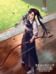  1girl archery bangs black_hair blue_hakama bow_(weapon) brown_gloves collarbone copyright_name day falling_leaves flower from_above full_body gloves grass hair_flower hair_ornament hakama hip_vent holding holding_weapon japanese_clothes kimono kyuudou leaf long_hair long_sleeves looking_at_viewer looking_up luck_&amp;_logic mismi muneate official_art one_eye_closed outdoors ponytail red_eyes sash sidelocks single_glove socks solo standing tabi towel weapon white_legwear wooden_floor yugake 