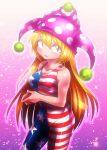  1girl alternate_costume american_flag bare_shoulders blonde_hair blush bodysuit breasts clownpiece collarbone contrapposto flying_sweatdrops hands_together hat highres idekawa_yumi jester_cap long_hair red_eyes small_breasts taut_clothes touhou very_long_hair 