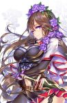  1girl black_gloves breasts brown_hair capelet closed_mouth cowboy_shot elbow_gloves floral_background flower from_side gloves granblue_fantasy hair_between_eyes hair_flower hair_ornament hong_(white_spider) large_breasts long_hair looking_at_viewer looking_to_the_side navel purple_rose rose rosetta_(granblue_fantasy) smile solo very_long_hair violet_eyes 