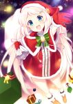  1girl :d bell blonde_hair blue_eyes blush boots box capelet christmas dress fur_trim gift gift_box gloves hair_ornament hair_ribbon hairclip hat highres long_hair looking_at_viewer low_twintails open_mouth original outstretched_hand red_gloves ribbon sack santa_costume santa_hat shirogane_rio_(artist) short_dress smile snow snowing solo star starry_background tassel twintails very_long_hair white_hair 