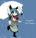  1girl :3 animal_ears blue_background blue_hair blush_stickers boots bunny_tail buttons crescent crescent_print eyebrows_visible_through_hair eyelashes eyes_visible_through_hair fur_trim high_heel_boots high_heels jacket leg_up long_hair low-tied_long_hair low_twintails puddle rabbit_ears rain red_eyes romaji scarf seiran_(touhou) silhouette solo star star-shaped_pupils star_print sweater symbol-shaped_pupils tail touhou turtleneck_sweater twintails umbrella yt_(wai-tei) 