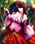  1girl :&gt; alternate_breast_size bare_shoulders black_hair blurry blush breasts cleavage closed_mouth collarbone cowboy_shot depth_of_field floral_print frilled_sleeves frills highres hime_cut houraisan_kaguya keiazu large_breasts long_skirt long_sleeves looking_at_viewer off-shoulder_shirt pink_eyes pink_shirt red_skirt shirt sidelocks skirt smile solo touhou wide_sleeves 