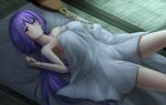  1girl armpits biwa_lute blanket blush breasts closed_mouth collarbone flower futon gnlo hair_between_eyes hair_flower hair_ornament hand_on_own_chest instrument large_breasts long_hair looking_at_viewer low_twintails lute_(instrument) lying navel nude on_back purple_hair sideboob solo stomach touhou tsukumo_benben twintails under_covers very_long_hair violet_eyes 