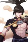  1boy abs bangs bei_ju_luoxuan_wan black_eyes black_hair chest closed_mouth cosplay cosplay_request floating_hair gintama highres hijikata_toushirou japanese_clothes lips long_hair looking_to_the_side magatama male_focus muscle navel nipples onmyoji pauldrons ponytail rope sash simple_background smoke solo stomach upper_body white_background 