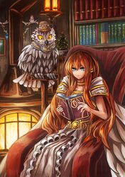  1girl animal bird blue_eyes book bookshelf brown_hair choker christmas_tree claws closed_mouth dashinoya dress duel_monster eyebrows eyelashes feathers fire fireplace hair_ornament holding holding_book lantern long_hair minerva_the_exalted_lightsworn no_headwear open_book orange_hair owl pauldrons reading sidelocks sitting sleeveless sleeveless_dress smile snowman very_long_hair white_dress yellow_eyes yu-gi-oh! yuu-gi-ou_duel_monsters 