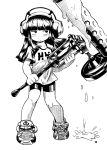  1girl alternate_costume bike_shorts carrying casual hatsuyuki_(kantai_collection) headphones kantai_collection looking_at_viewer mizuno_(okn66) monochrome paint paint_roller parody shirt shoes solo splat_roller_(splatoon) splatoon t-shirt 