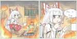  1girl bangs blunt_bangs bow cigarette comic cup english eyebrows_visible_through_hair fire fujiwara_no_mokou gunshow_(comic) hair_bow hell_angel holding holding_cup kettle legs_crossed long_hair meme mug pants parody red_eyes sitting smoke smoking speech_bubble touhou triangle_mouth very_long_hair wall-eyed white_hair 