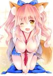  1girl animal_ears blush breasts cleavage collarbone fang fate/extra fate_(series) fox_ears fox_tail hair_ribbon highres large_breasts marker_(medium) one_eye_closed open_mouth pink_hair ribbon school_uniform shinonome86 solo tail tamamo_(fate)_(all) tamamo_jk_(fate) tamamo_no_mae_(fate) traditional_media yellow_eyes 