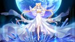  1girl 2016 bangs bare_legs bare_shoulders bishoujo_senshi_sailor_moon blonde_hair blue_eyes bracelet butterfly closed_mouth crystal detached_sleeves double_bun dress earth facial_mark forehead_mark full_body highres jewelry ji_ran long_dress long_hair looking_at_viewer parted_bangs princess_serenity short_sleeves signature solo sparkle standing tsukino_usagi twintails very_long_hair wallpaper white_dress 