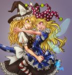  2girls american_flag_dress american_flag_legwear black_skirt black_vest blonde_hair clownpiece double-breasted dress fairy_wings grin hat hat_ribbon hug jester_cap kirisame_marisa long_hair madkoifish multiple_girls neck_ruff pantyhose petticoat pink_eyes pointy_ears puffy_short_sleeves puffy_sleeves ribbon sharp_teeth short_dress short_sleeves skirt smile teeth touhou very_long_hair vest wavy_hair wings witch_hat yellow_eyes 