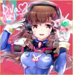  1girl animal_print bangs bodysuit bracer breasts brown_eyes brown_hair bunny_print character_name cuffs d.va_(overwatch) english facepaint facial_mark gloves glowing hand_on_headphones headphones heco_(mama) high_collar holding long_hair looking_at_viewer mecha medium_breasts meka_(overwatch) model open_mouth overwatch pilot_suit red_background ribbed_bodysuit shoulder_pads signature skin_tight smile solo swept_bangs upper_body whisker_markings white_gloves yellow_eyes 