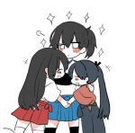  3girls akagi_(kantai_collection) black_hair black_legwear blue_hair blush commentary_request hair_ribbon hakama_skirt hand_holding hand_on_another&#039;s_shoulder hip_vent houshou_(kantai_collection) hug japanese_clothes kaga_(kantai_collection) kantai_collection moi1416 multiple_girls muneate ponytail ribbon side_ponytail simple_background smile sparkle straight_hair thigh-highs white_background white_legwear 