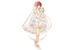  1girl blush bouquet city_forest_online dress elbow_gloves flower flower_knight_girl full_body gloves high_heels open_mouth redhead short_hair smile solo standing transparent_background tsubaki_(flower_knight_girl) veil wedding_dress yellow_eyes 