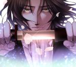  1boy brown_eyes brown_hair drifters highres hijikata_toshizou_(drifters) holding holding_sword holding_weapon katana looking_at_viewer mia_(gute-nacht-07) petals sheath simple_background solo sword unsheathing upper_body weapon white_background 