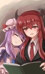  2girls :d bangs book closed_eyes crescent dress eyebrows_visible_through_hair hat head_on_another&#039;s_shoulder head_wings highres holding holding_book koakuma long_hair long_sleeves mob_cap multiple_girls namiki_(remiter00) necktie open_mouth patchouli_knowledge purple_hair reading red_eyes redhead shirt sidelocks sleeping smile touhou white_shirt 