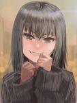  1girl black_eyes black_hair clenched_hands grin hands_up head_tilt hettsuaa highres lens_flare long_hair looking_at_viewer original portrait ribbed_sweater sketch sleeves_past_wrists smile solo sweater 