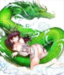  1girl ass barefoot bracelet breasts brown_hair closed_eyes crown dragon eastern_dragon feet highres jewelry large_breasts long_hair lying official_art on_stomach original ring sleeping solo suoni_(deeperocean) thighs 