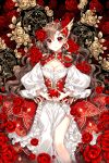  1girl apple bare_legs blush braid breasts brown_hair butterfly cleavage cleavage_cutout clock corset crown dress flower food fruit hair_flower hair_ornament highres long_hair looking_at_viewer nardack original red_eyes rose smile solo twin_braids white_dress 