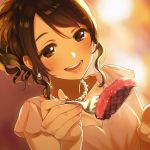  1girl :d backlighting bangs blush breasts brown_eyes brown_hair cleavage close-up earrings food fork glint head_tilt jewelry looking_at_viewer meat medium_breasts morikura_en nail_polish open_mouth original pink_nails shirt smile swept_bangs tareme teeth upper_body wavy_hair 