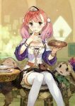  1girl atelier_(series) atelier_escha_&amp;_logy blush braid breasts cleavage creature crumbs crumbs_on_face dress eating escha_malier food green_eyes hat hidari_(left_side) highres holding indoors official_art pie pink_hair plate sitting twintails 