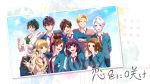  4girls 5boys \m/ aida_miou arms_behind_back ayase_koyuki black_hair blonde_hair blue_eyes brown_eyes brown_hair cardigan closed_eyes enomoto_natsuki green_hair grin hair_bun hamanaka_midori hand_in_another&#039;s_hair hayasaka_akari jacket koi-iro_ni_dake_(vocaloid) kokuhaku_jikkou_iinkai long_hair looking_at_another mochizuki_souta multiple_boys multiple_girls narumi_sena necktie open_clothes open_jacket photo_(object) purple_hair red_necktie school_uniform serizawa_haruki setoguchi_hina setoguchi_yuu short_hair smile song_name twintails violet_eyes white_hair yamako_(state_of_children) 